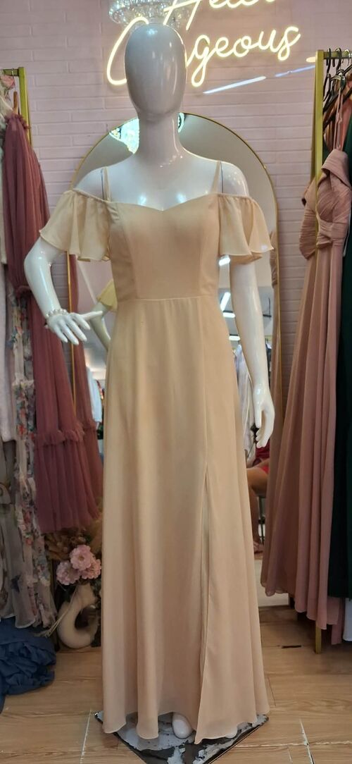 Nude Offshoulder Spag Chiffon Slit Bridesmaid Gown