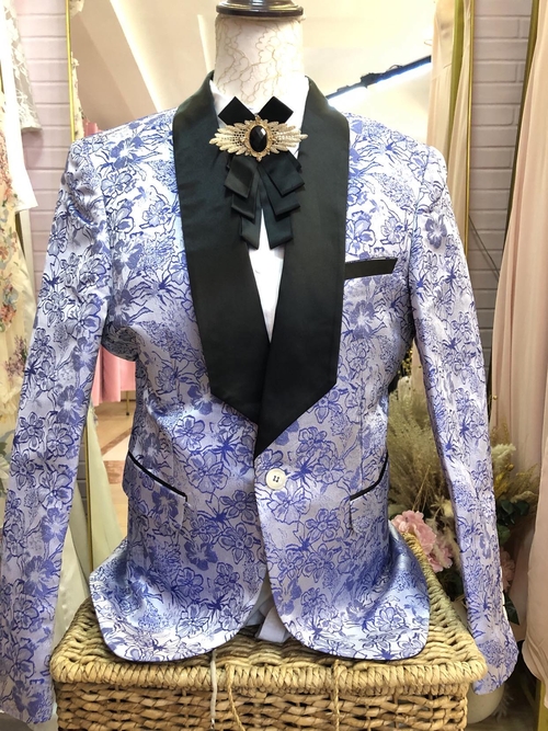 Purple Blue Royal Inspired with Black Lined Collar Glittery Suit 
