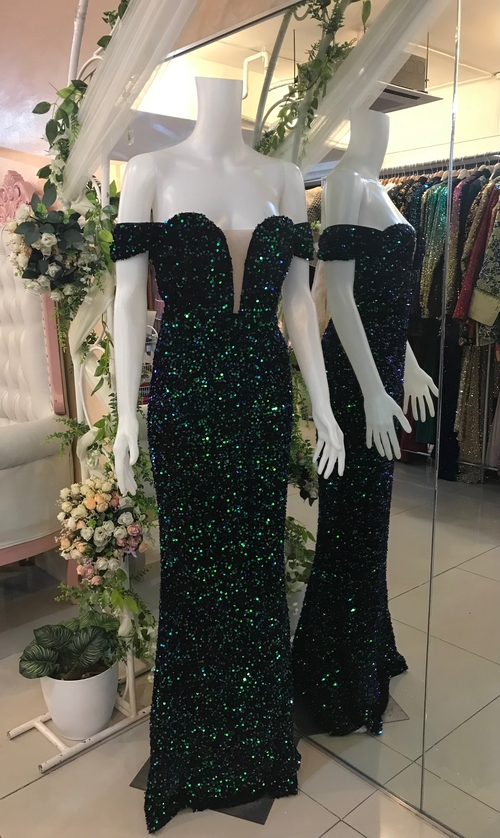 Green Sequins Glittery Deep Cleavage Long Gown