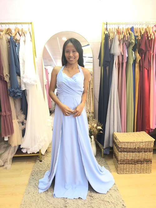 Powder Blue Halter Woven Neck with Slit Bridesmaid 