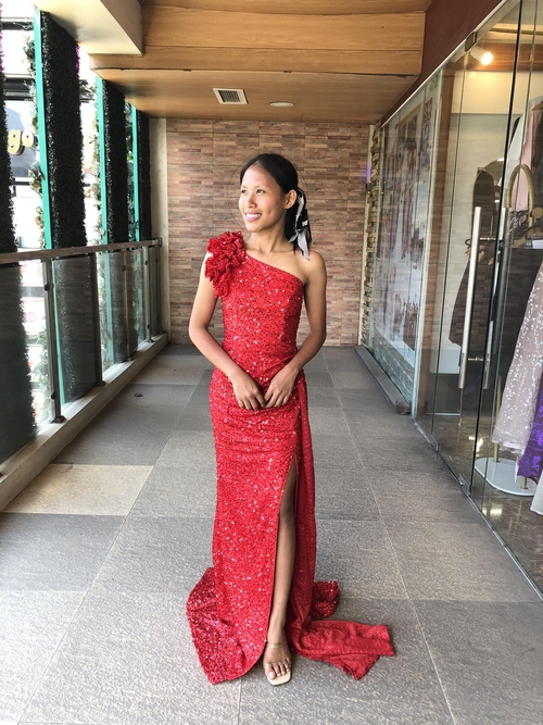 Red Sequin with Ruffle Shoulder & Open Back Long Gown  