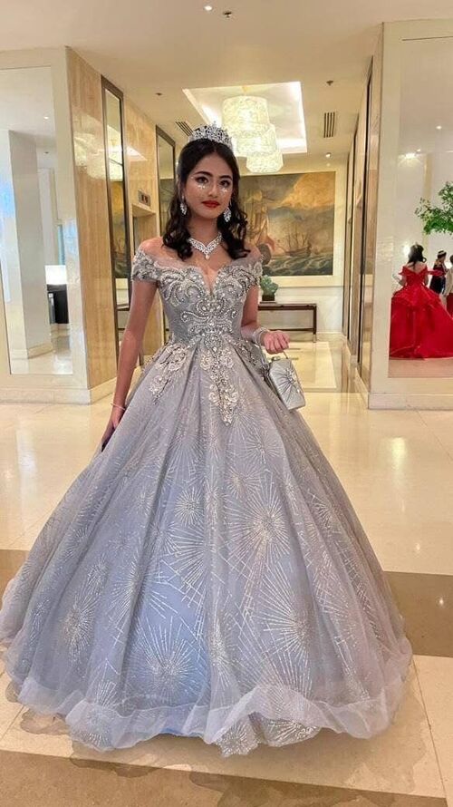  Gray Grey Ball Gown Tulle Sequins OffShoulder Appliques 