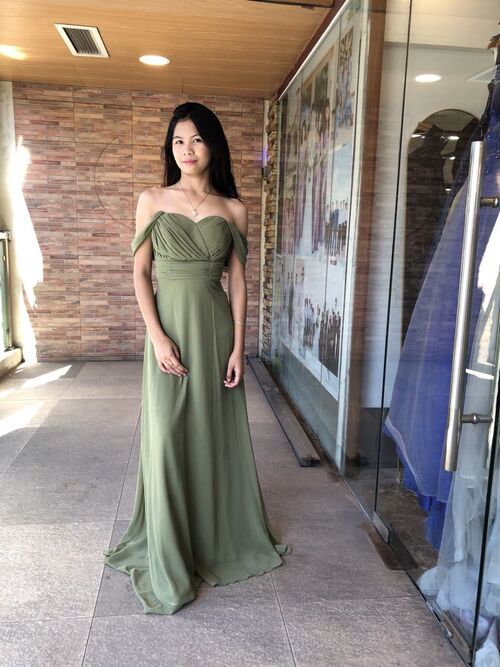 Olive Green Ruched Offshoulder Chiffon Bridesmaid Gown