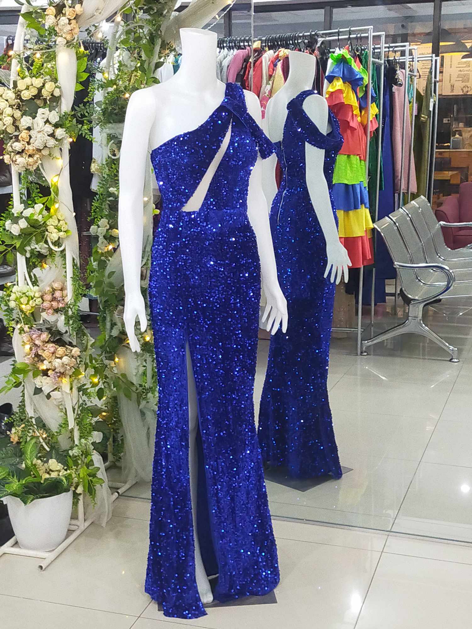 Royal Blue One Shoulder Glittery Sequins Slit Gown