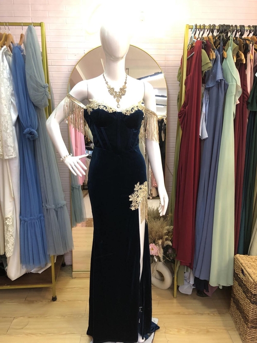 Neon Blue Elegant Glamrae with Golden Tassel Velvet Long Gown