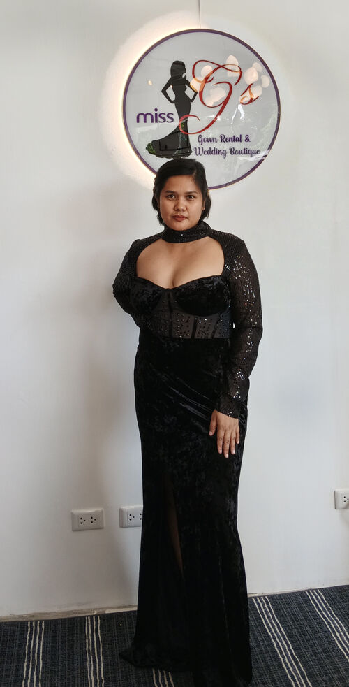 Plus size Black Velvet Choker with Corset Style Sequined Sleeves Long Gown