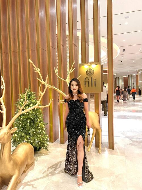 Black Cleavage With Gold Accent Sequins Glittery Long Gown