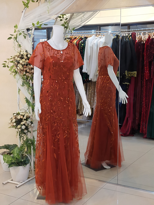 Rust Orange Short Sleeve Lace Appliques Tulle Mother Mermaid Long Sequin Dress 