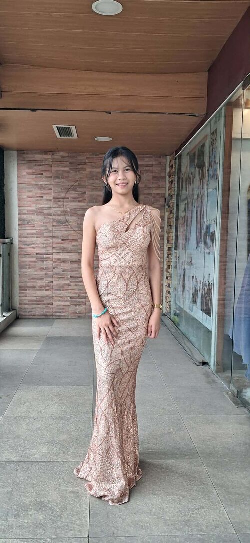 Gold One Shoulder Full Sequins Glittery Beads Slit Long Gown
