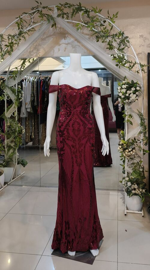 Unithorse Red Off Shoulder Sequins Long Gown
