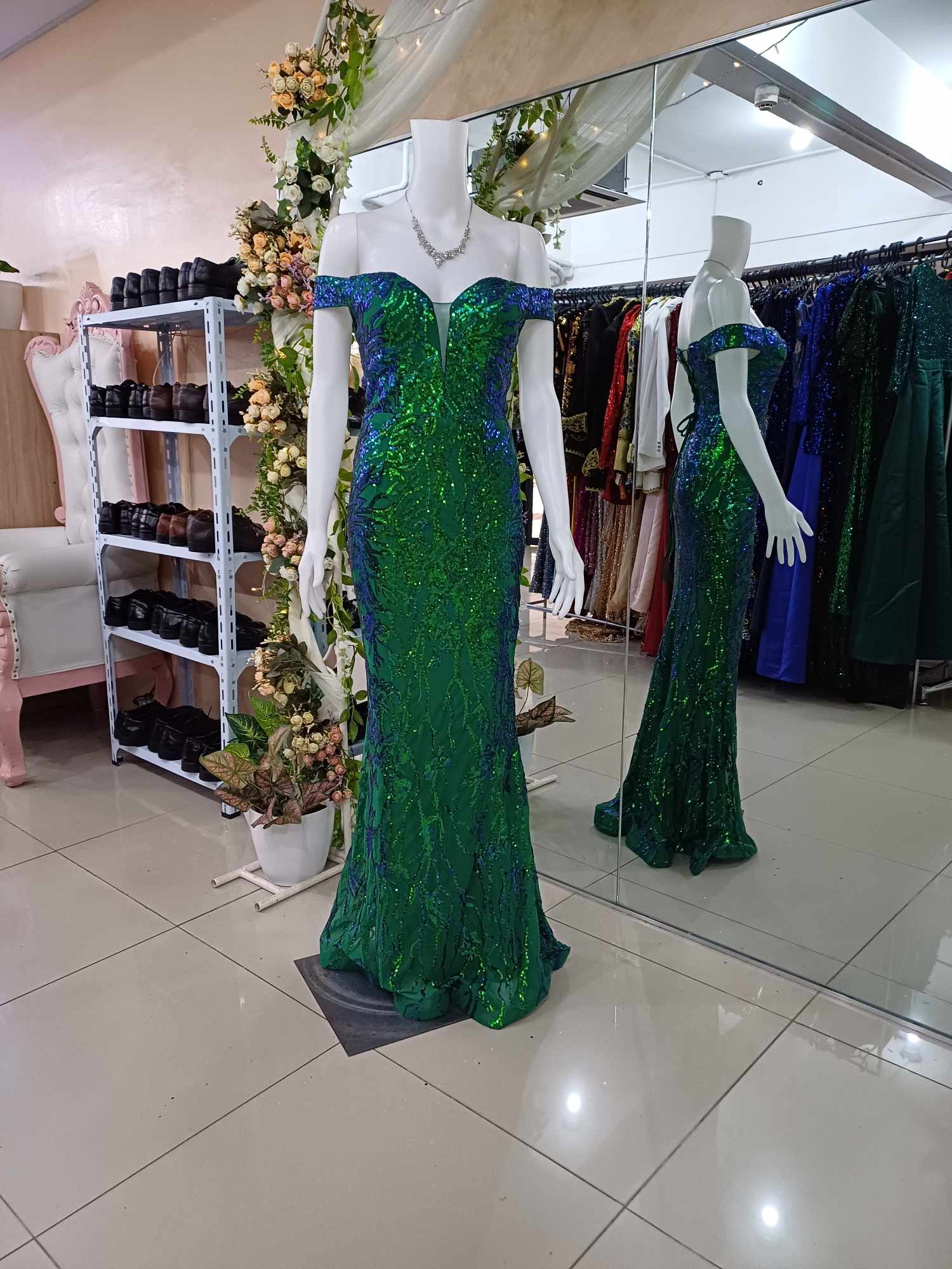 Emerald Green Off Shoulder Glittery Sequins Long Gown