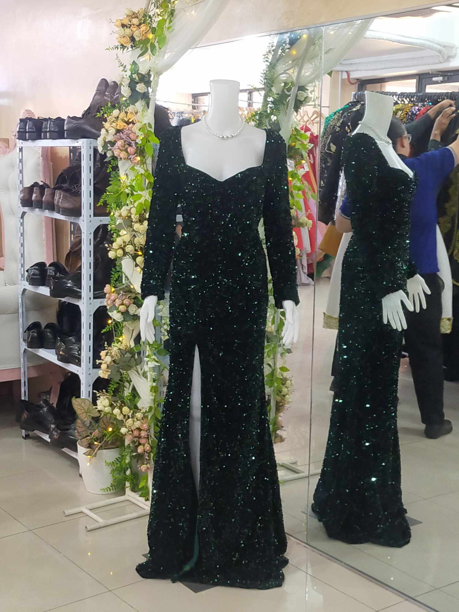 Plus Size Emerald Green Longsleeves Sequins Glittery Slit Long Gown