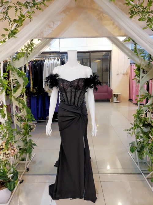 Black offshoulder feather sleeves Gown