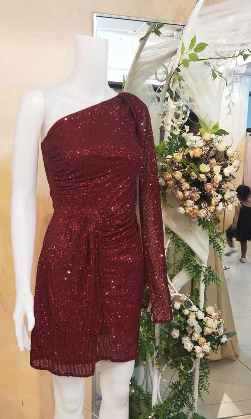 Burgundy One Shoulder Split Sleeve Sequins Glittery Cocktail Dress