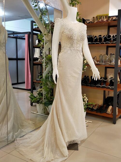 White Longsleeves Sparkly Mermaid Wedding Gown