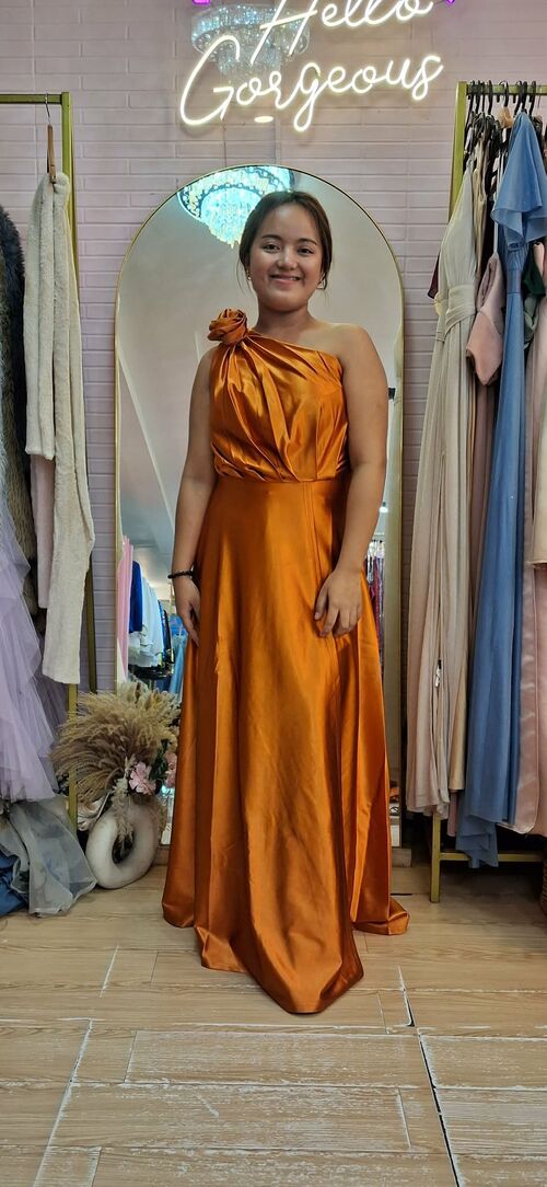 Elegant Burnt Orange with Pleated Flower Accent Flowing Satin Gown