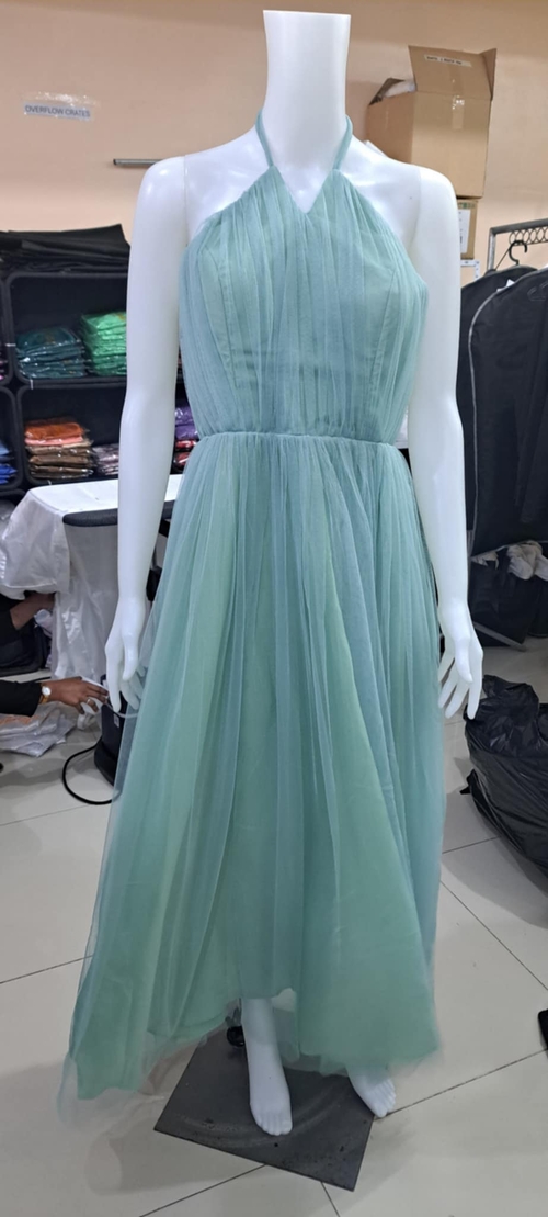 Tulle Sage Green Halter Bridesmaid Dress (#4)