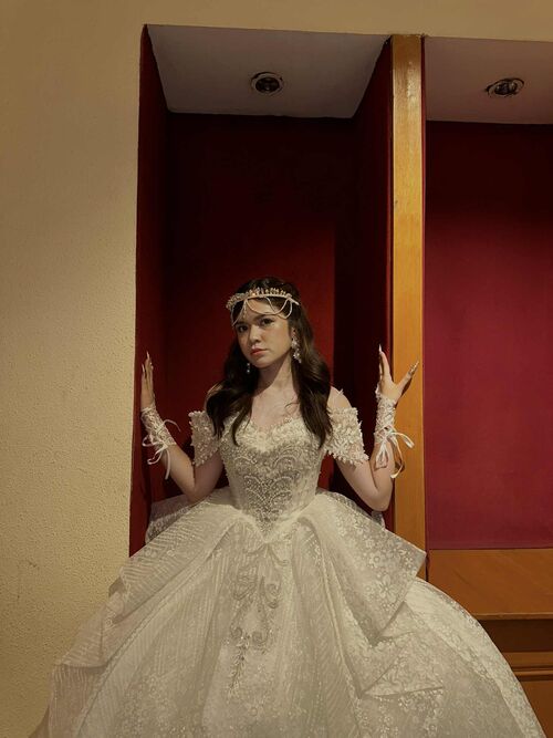White off shoulder pearl beads wedding gown