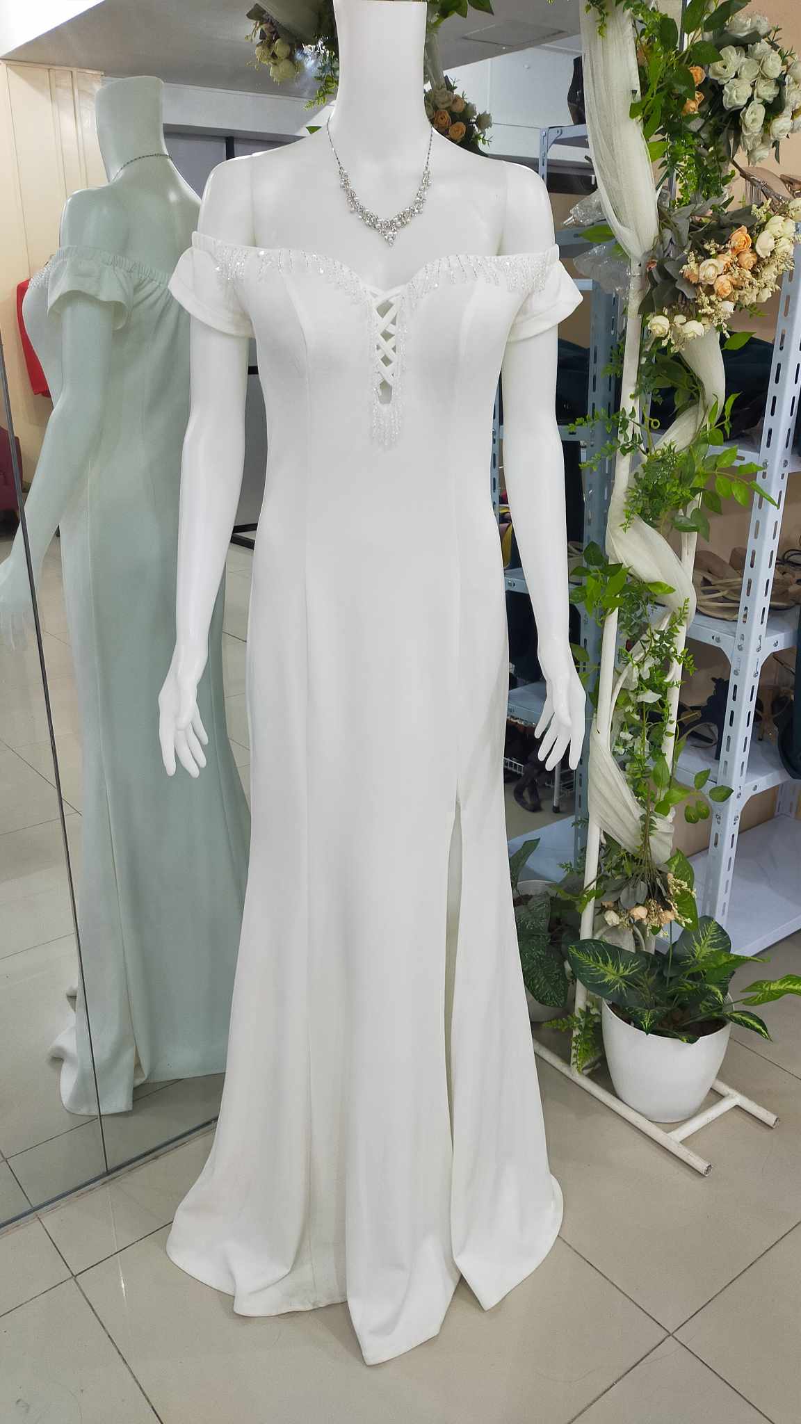 White Offshoulder Beads Slit Long Civil Wedding Gown