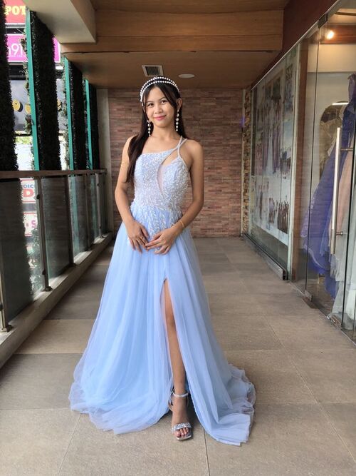 Elegant Powder Blue Tulle Sequins with Slit flowing Gown