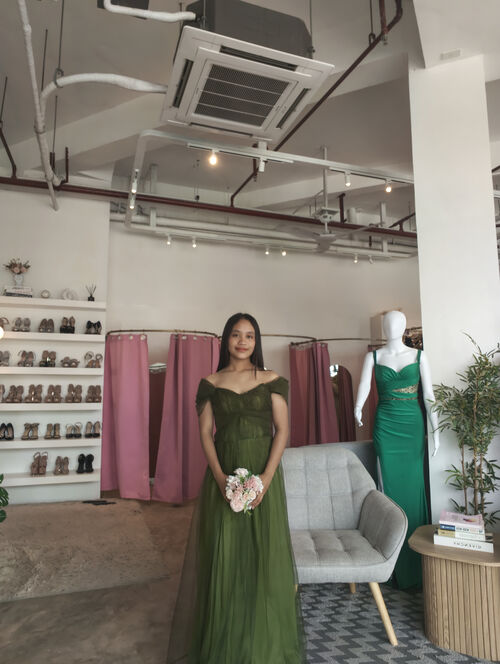 Dark Olive Green Tulle Bridesmaid Gown ( #1 )