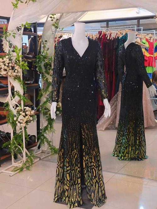 Plus Size Black Gold Glittery Front Slit Gown