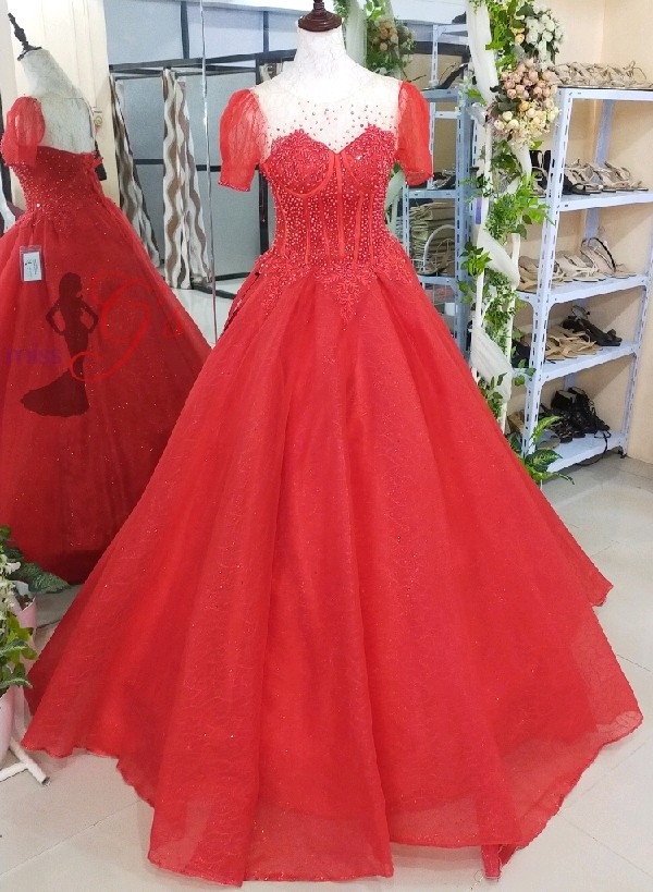 Red See-through Sleeves Beads Glittery Ball Gown