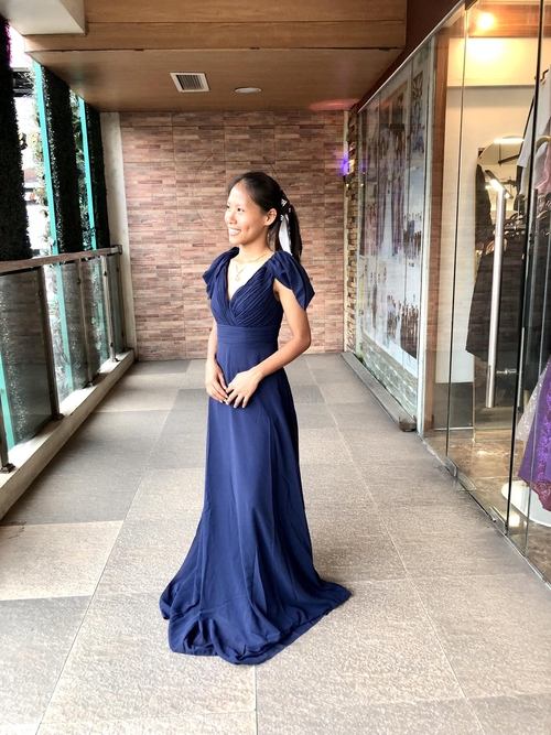 Navy Blue Off Shoulder Cross Wrap Bridesmaid Long Gown
