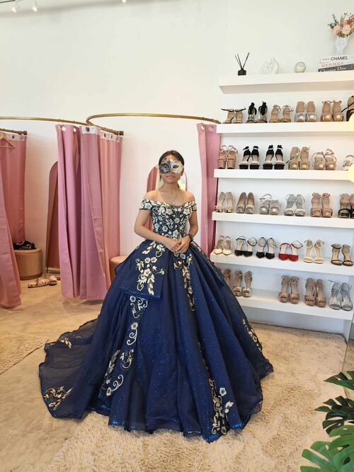 Navy Blue White Leaves Design Off shoulder Ball Gown
