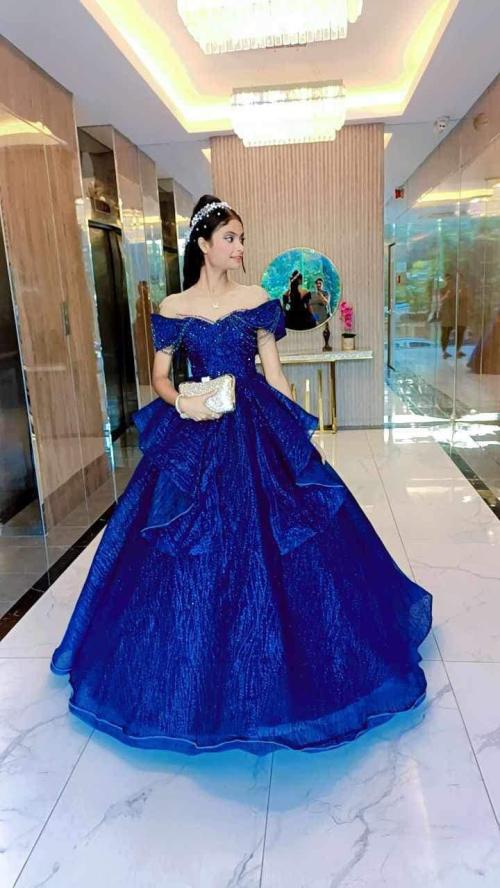 Elegant Navy Blue Glittery With Beads Design Ball Gown