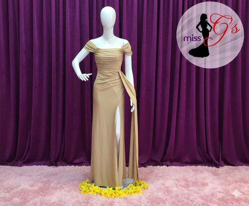 Nude Offshoulder With Slit  Draped Bridesmaid Long Gown