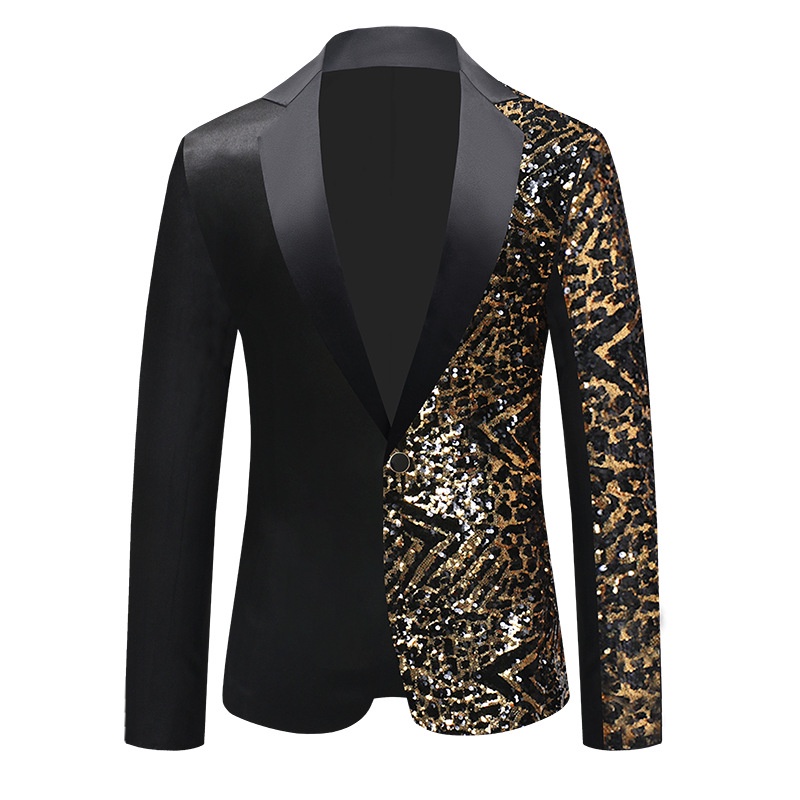 Plus Size Black Gold One Side Tiger Sequins Glittery Suit Tuxedo Coat