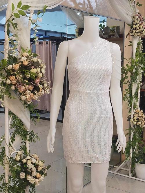 White Colorful One Shoulder Beads Sequins Glittery Cocktail Dress