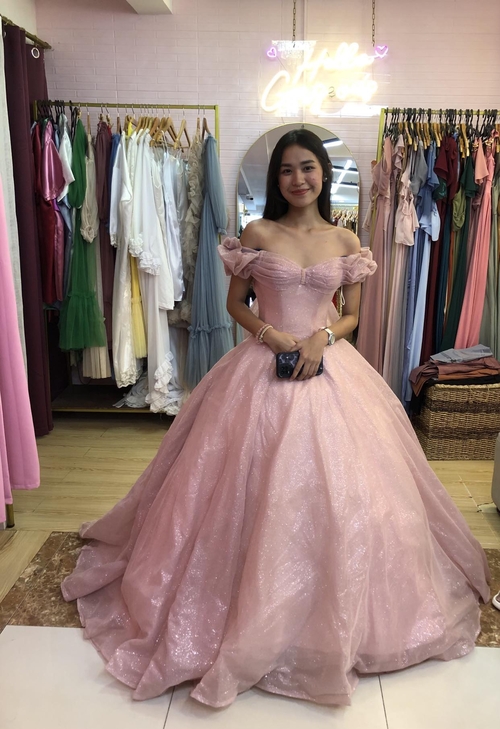 Blush Pink Off Shoulder Ruffle Sleeve Ball Gown