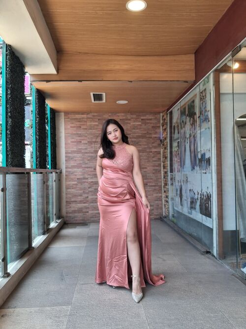 Dusty Pink Floral Lace Satin Draped Side Slit Long Gown