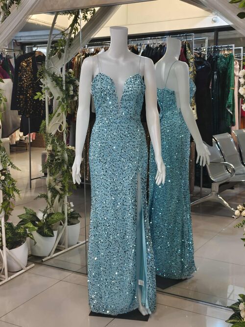 Mint Blue Sequins Long Gown