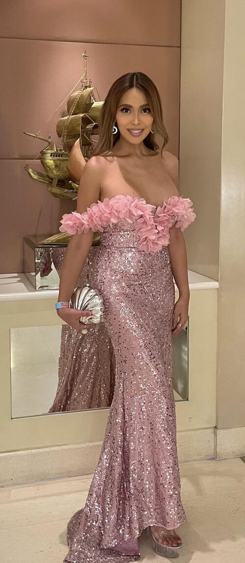 Pink Floral Off-Shoulder Mermaid Sequins Gown 