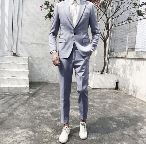 Gray Tuxedo Suit Set White Line Pocket