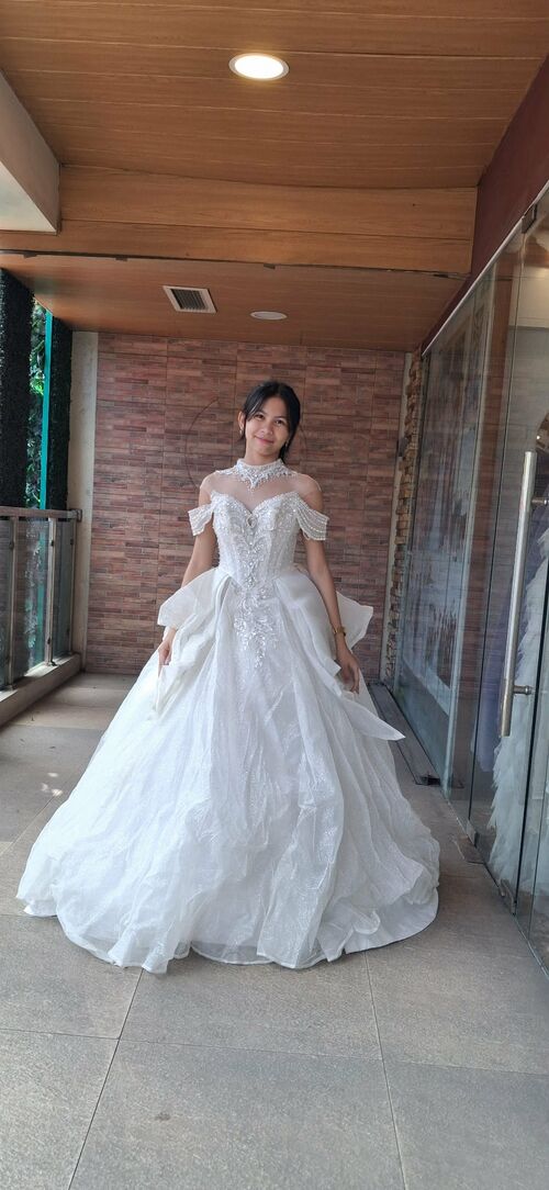 Elegant White Off Shoulder High Neckline Choker Style Wedding Gown