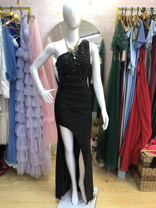 Black One Shoulder Half Sequins Slit Long Gown