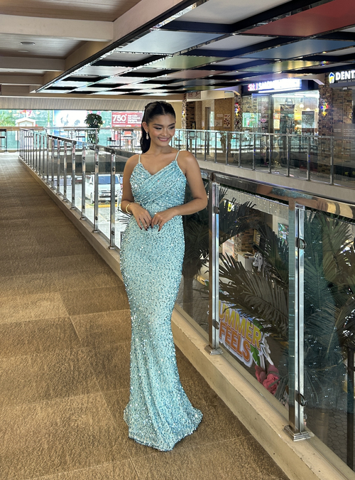 Mint Blue Sequins Glittery Bodycon Gown
