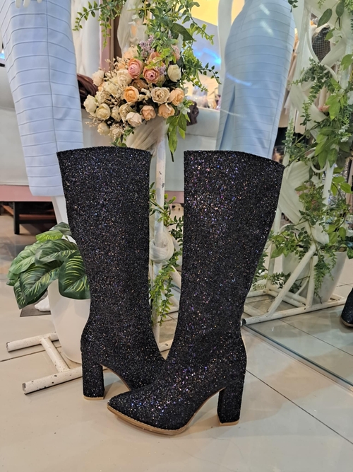 Black Glittery Knee Boots