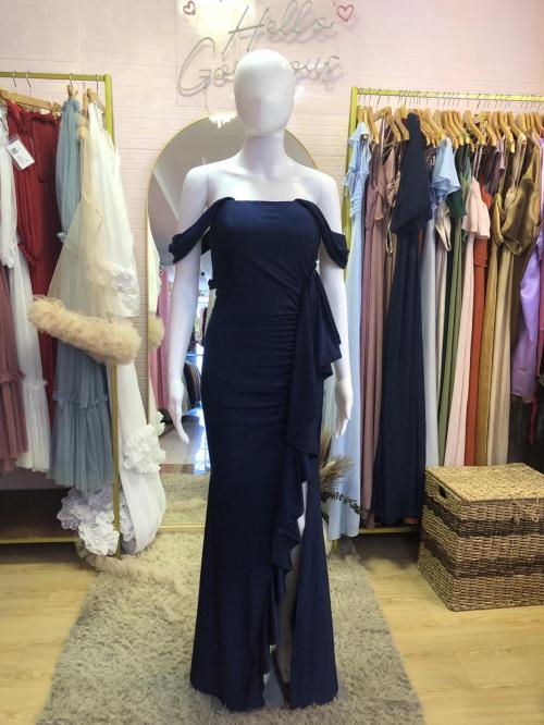 Navy Blue Off-Shoulder With Ruffle Slit Satin Long Gown