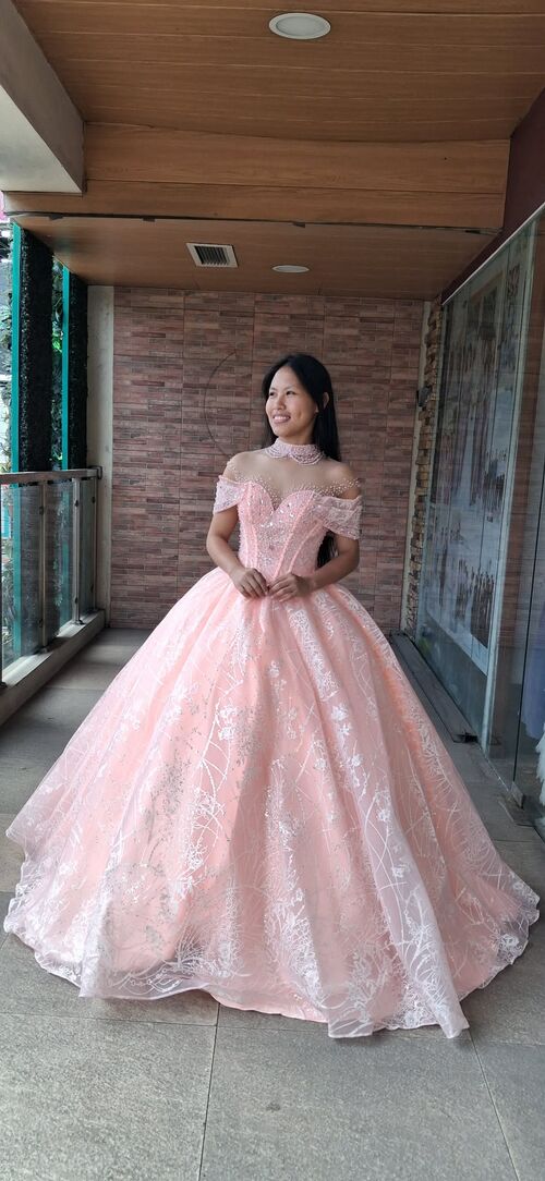 Peach Pink Full Layered Tulle Skirt Beaded Choker Collar Ball Gown