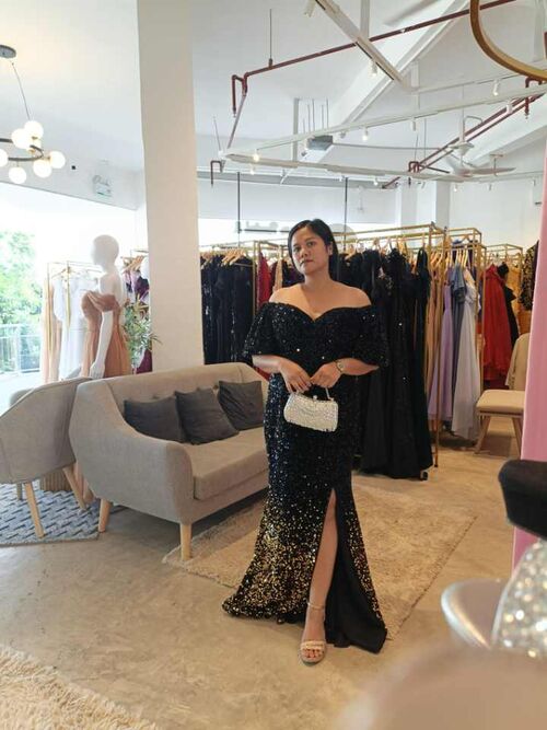 Plus Size Off Shoulder Black Gown Puff Sleeve Ombre Sequins Long Gown