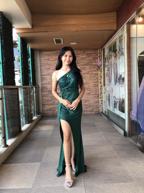 Emerald Green One Shoulder Half Sequins Slit Long Gown