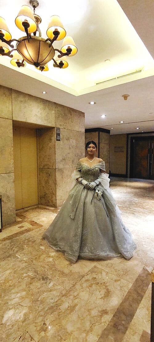 Light Gray Offshoulder Ruffle  Ball Gown