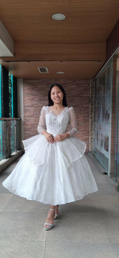 White Long Lace Sleeves & V Neckline Cocktail Gown/Dress