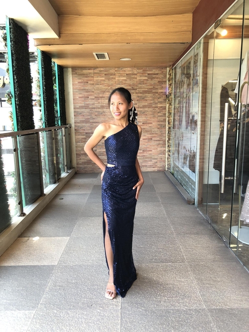 Navy Blue One Shoulder Cut Out Sequin Long Gown