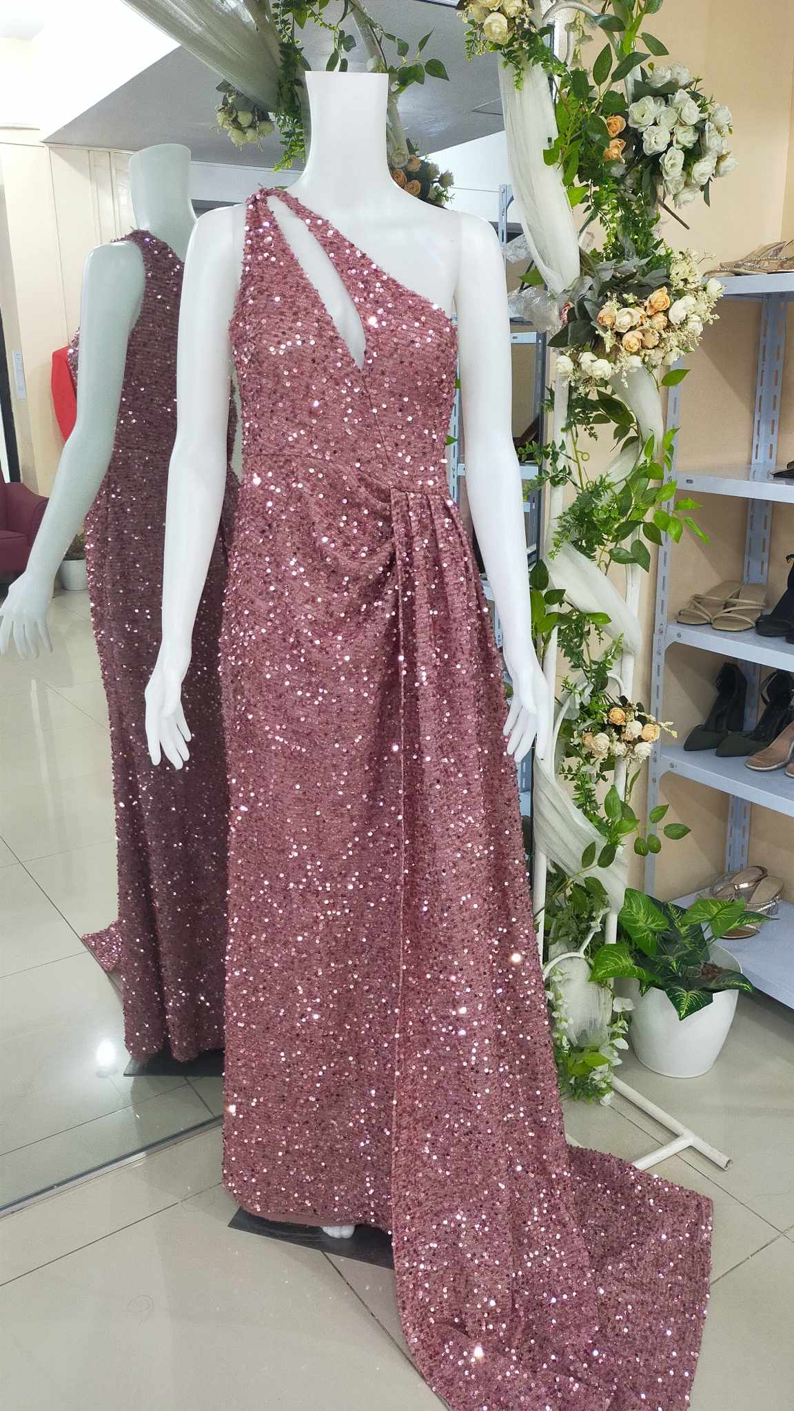 Pink One Shoulder Sequins Glittery Draped Gown